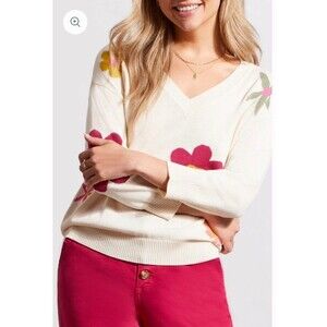 Tribal Ivory Colorful Floral 3/4 Sleeve Jacquard V-Neck Sweater sz S Preppy